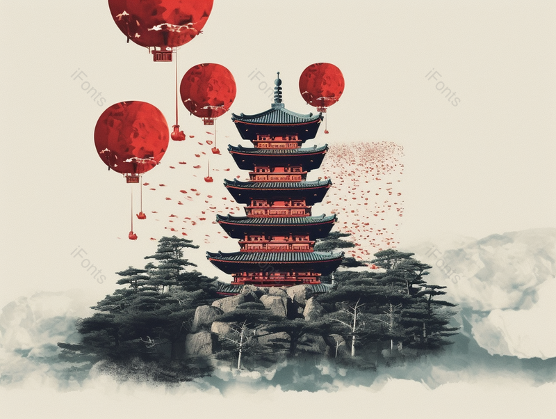 古城古代建筑黄色天空热气球山顶水墨写意古典主义绘画,插画/手绘图,插画/手绘图库,插画/手绘图下载,插画/手绘